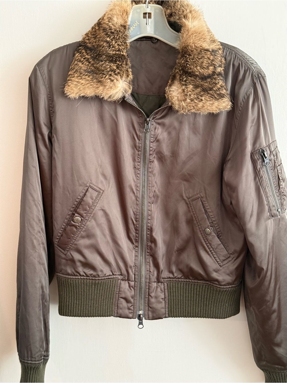Vince women’s cacki Brown Bomber Jacket with Faux Fur Collar that can be removed